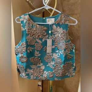 NWT Lilly Pulitzer Annaleese crop top Tangier Teal Metallic Floral Jacquard New